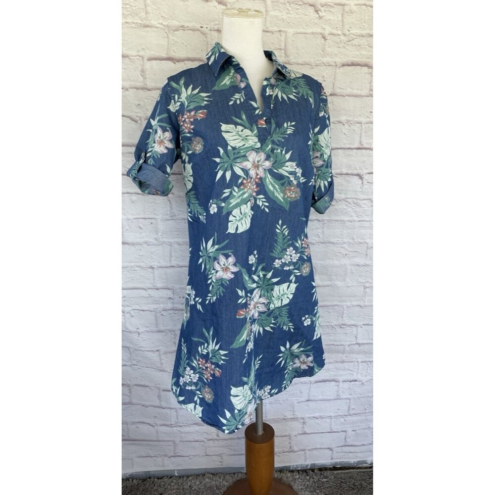 Given Kale Women's Size Medium Chambray Denim Shift Dress Tropical Floral